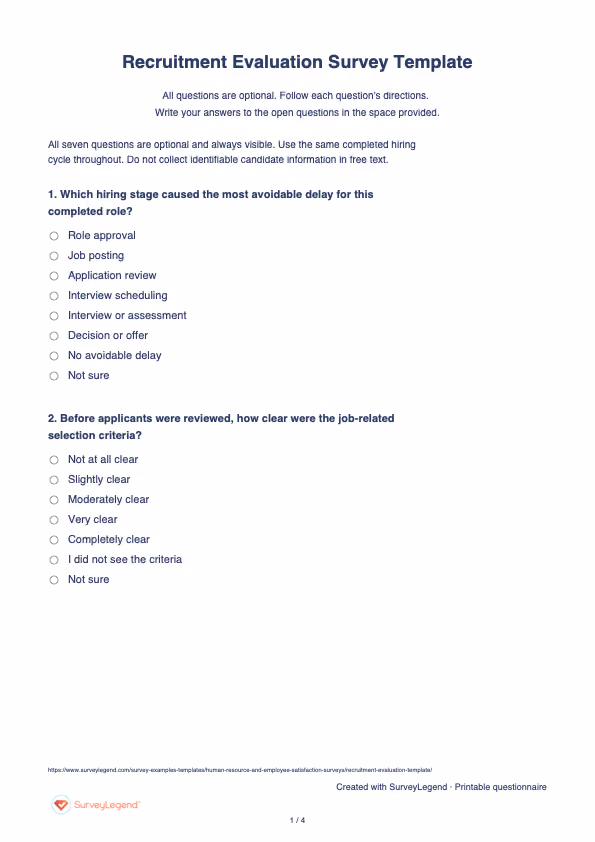 First page of the printable Recruitment Evaluation Survey Template with questions and answer spaces