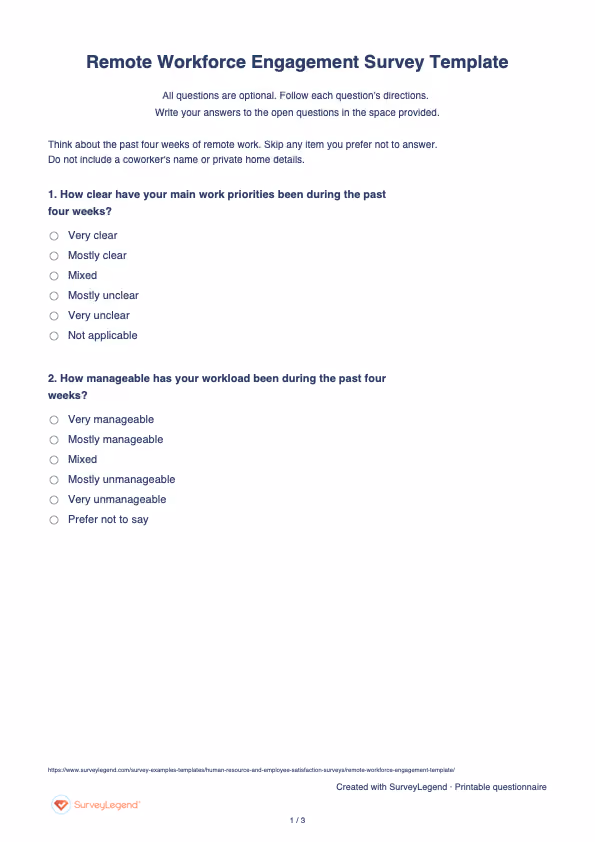 First page of the printable Remote Workforce Engagement Survey Template with questions and answer spaces