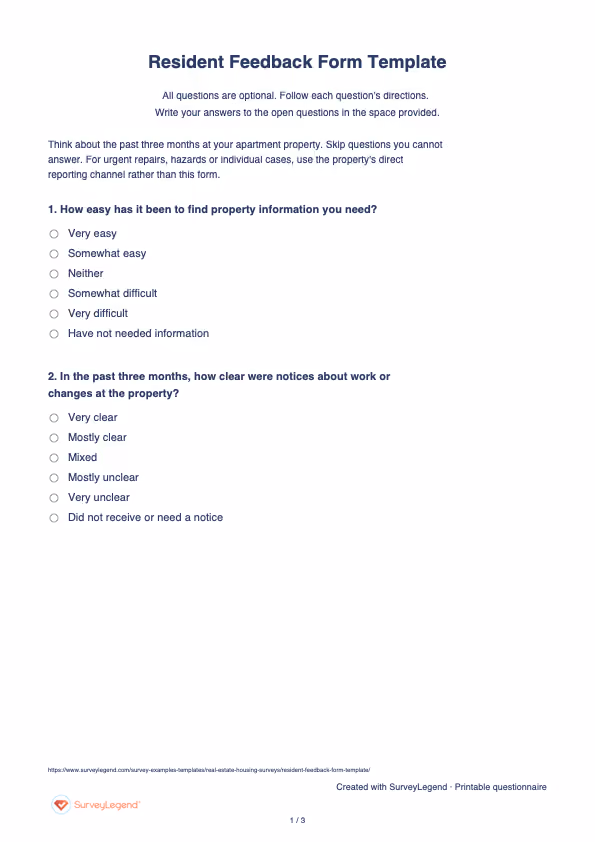 First page of the printable Resident Feedback Form Template with questions and answer spaces