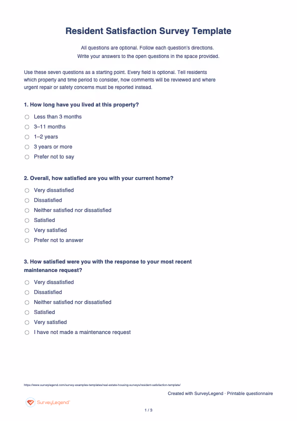 First page of the printable Resident Satisfaction Survey Template with questions and answer spaces