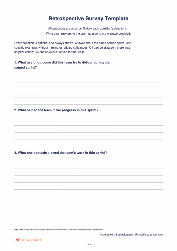 First page of the printable Retrospective Survey Template with questions and answer spaces