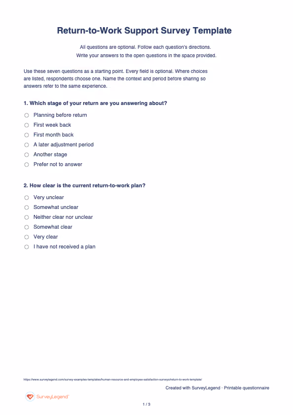 First page of the printable Return-to-Work Support Survey Template with questions and answer spaces