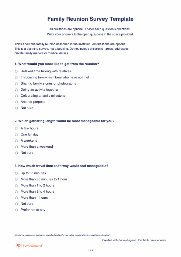First page of the printable Family Reunion Survey Template with questions and answer spaces