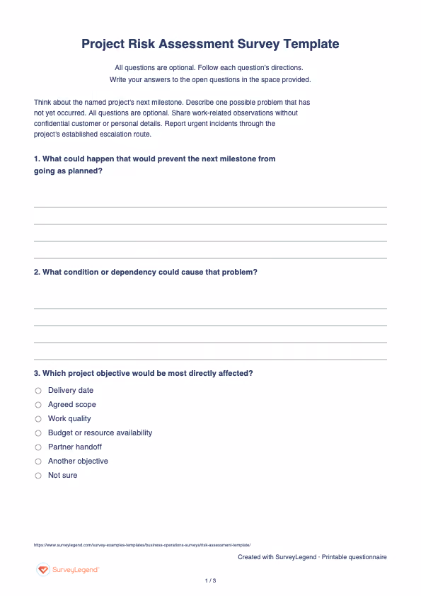 First page of the printable Project Risk Assessment Survey Template with questions and answer spaces