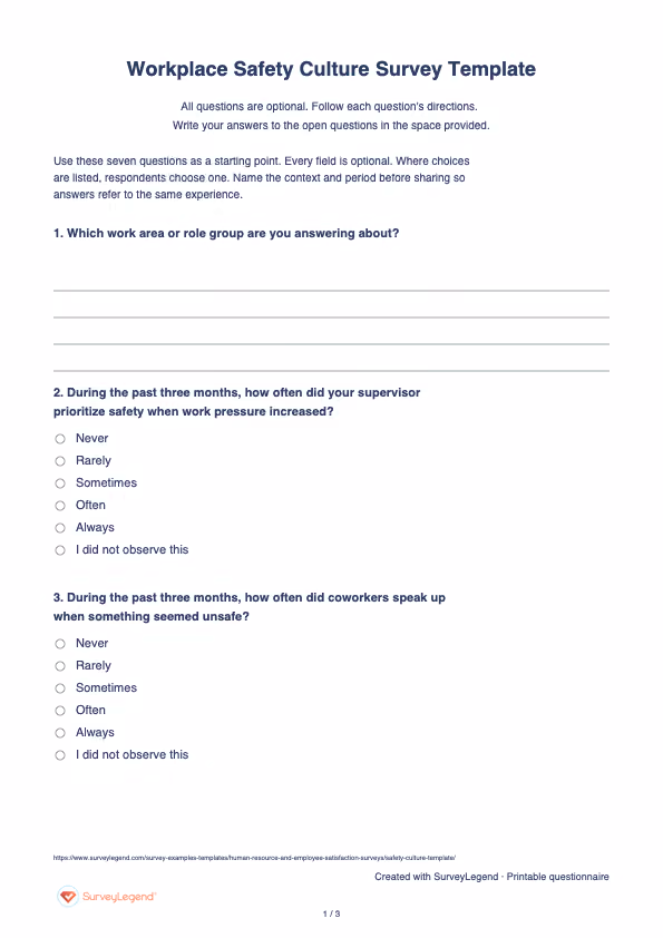 First page of the printable Workplace Safety Culture Survey Template with questions and answer spaces