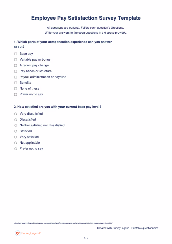 First page of the printable Employee Pay Satisfaction Survey Template with questions and answer spaces