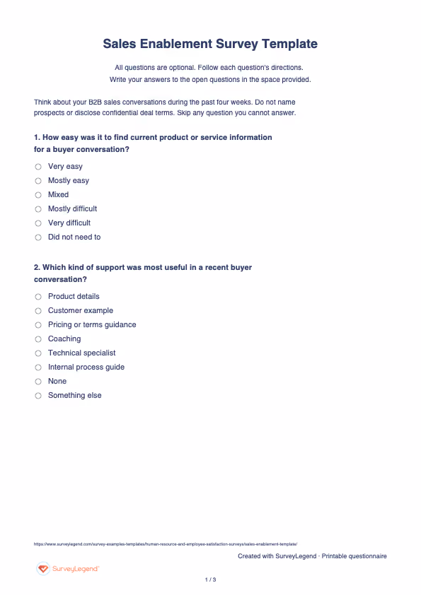 First page of the printable Sales Enablement Survey Template with questions and answer spaces