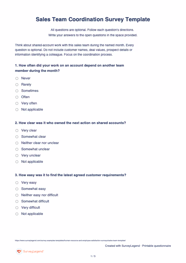 First page of the printable Sales Team Coordination Survey Template with questions and answer spaces