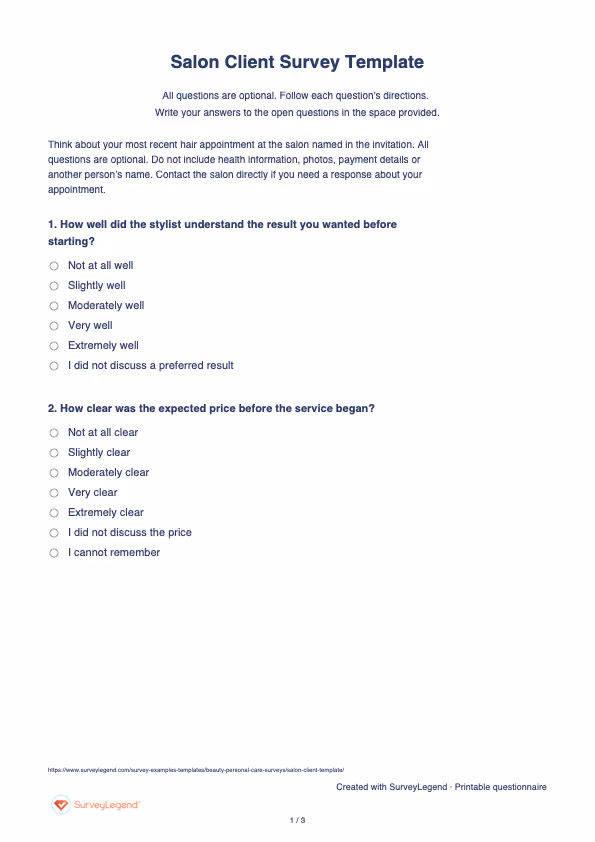 First page of the printable Salon Client Survey Template with questions and answer spaces