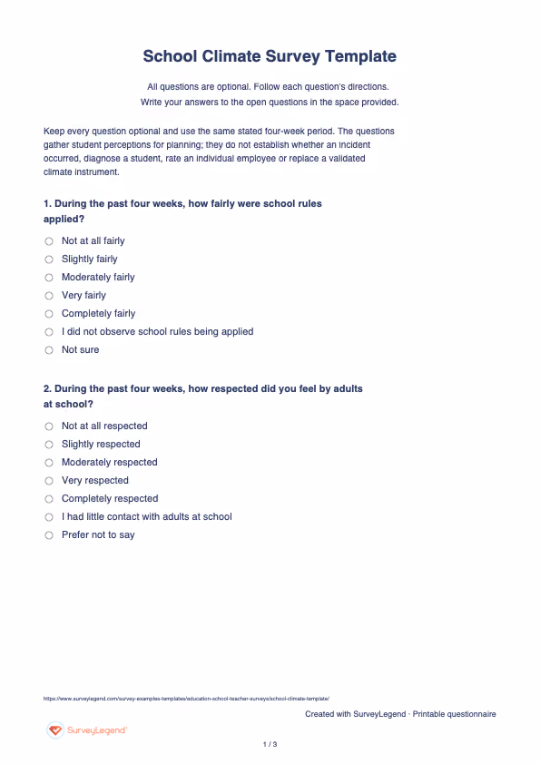 First page of the printable School Climate Survey Template with questions and answer spaces