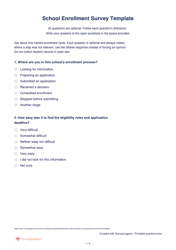First page of the printable School Enrollment Survey Template with questions and answer spaces