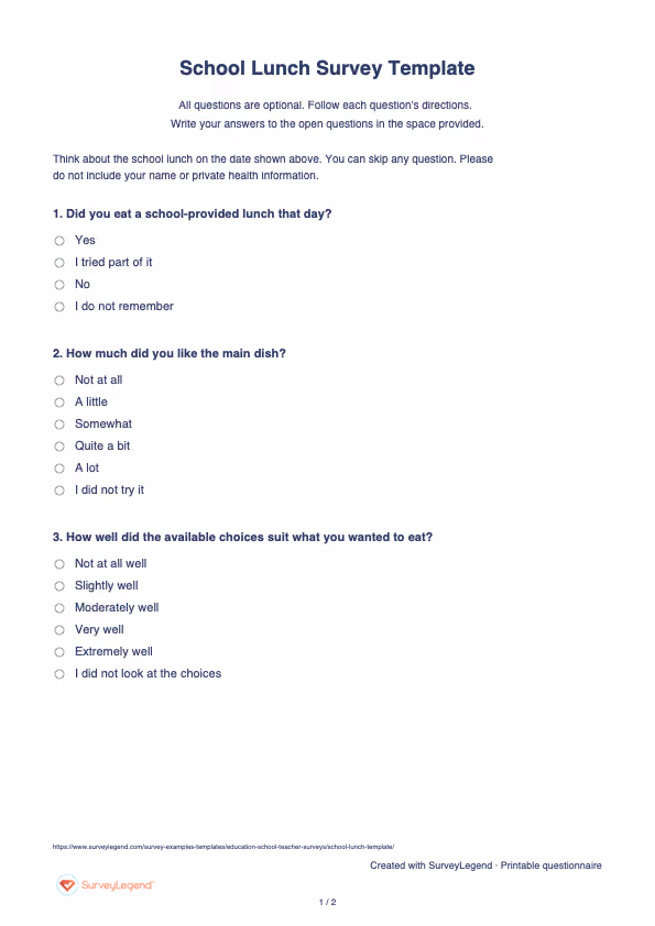First page of the printable School Lunch Survey Template with questions and answer spaces