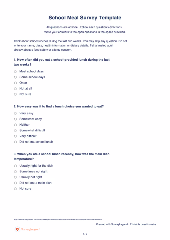 First page of the printable School Meal Survey Template with questions and answer spaces