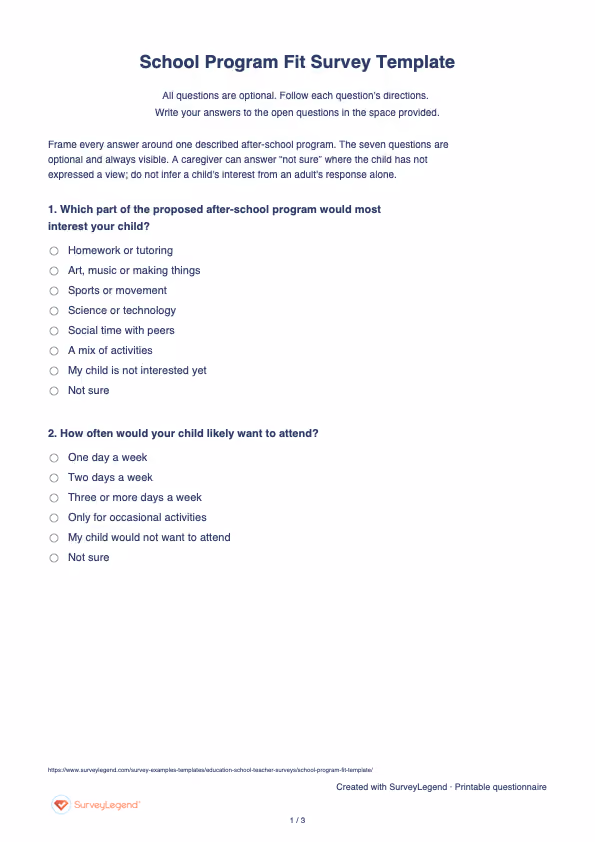 First page of the printable School Program Fit Survey Template with questions and answer spaces