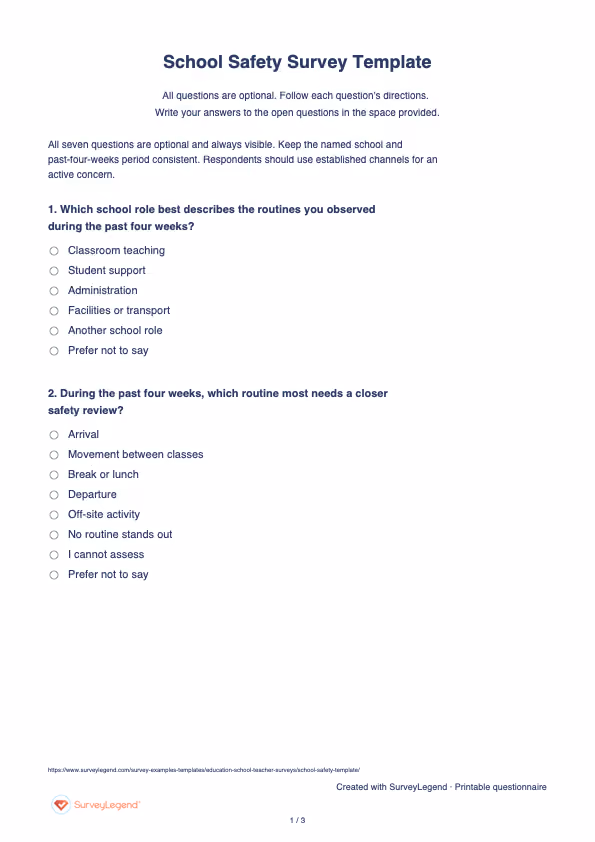 First page of the printable School Safety Survey Template with questions and answer spaces