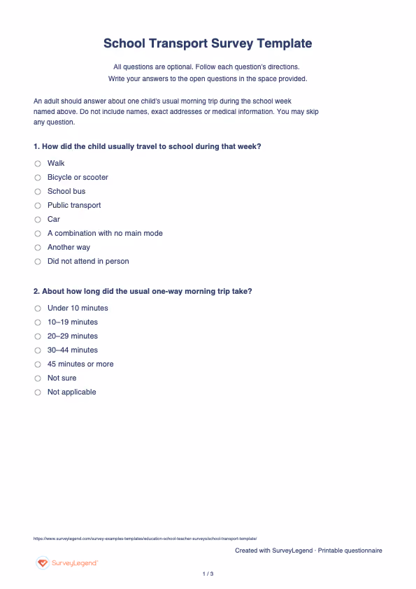 First page of the printable School Transport Survey Template with questions and answer spaces