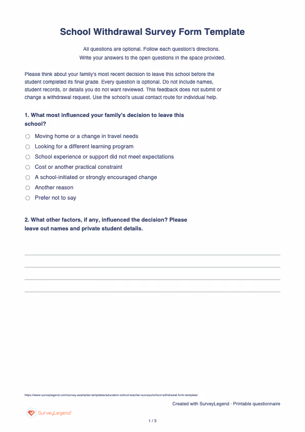 First page of the printable School Withdrawal Survey Form Template with questions and answer spaces