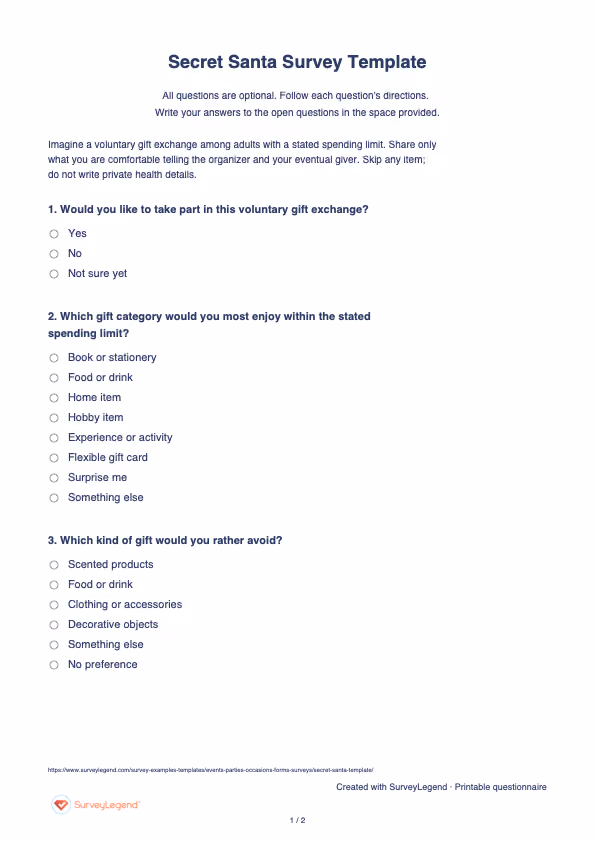 First page of the printable Secret Santa Survey Template with questions and answer spaces