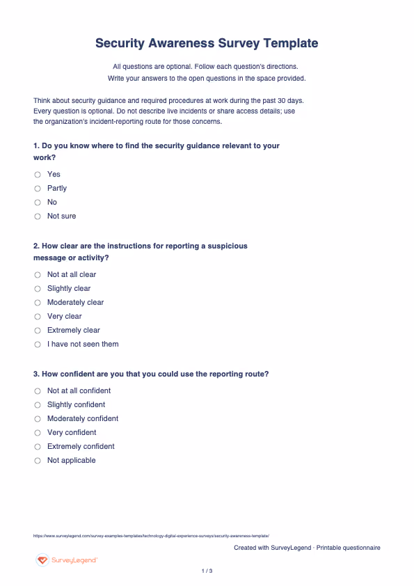 First page of the printable Security Awareness Survey Template with questions and answer spaces