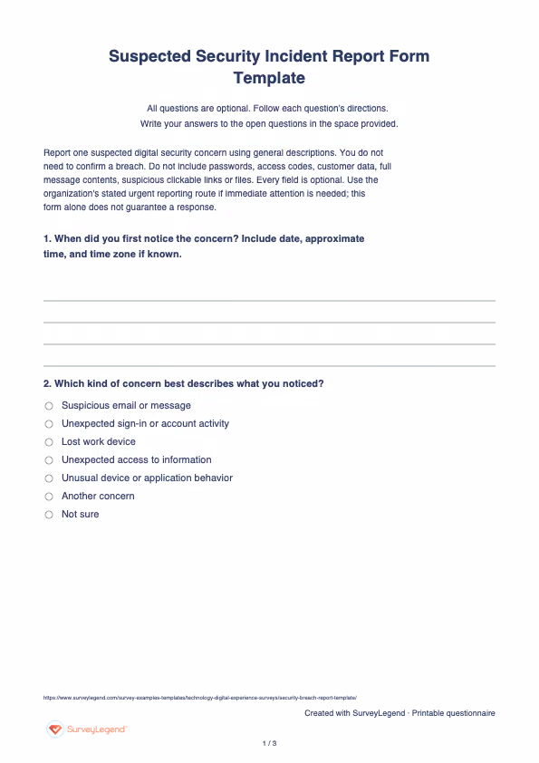 First page of the printable Suspected Security Incident Report Form Template with questions and answer spaces