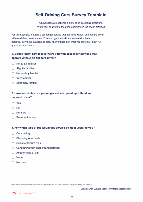 First page of the printable Self-Driving Cars Survey Template with questions and answer spaces