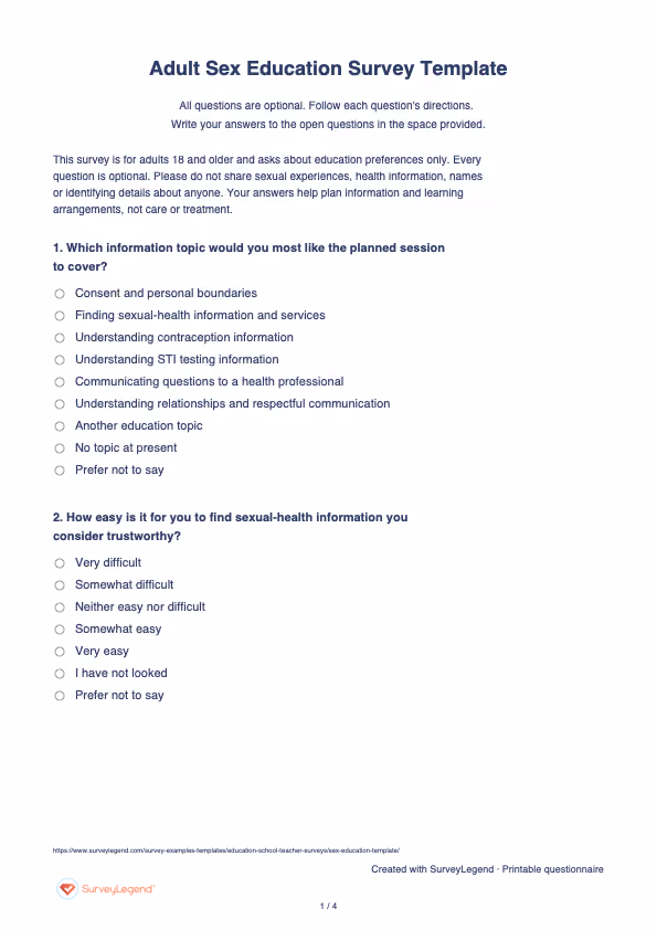 First page of the printable Adult Sex Education Survey Template with questions and answer spaces