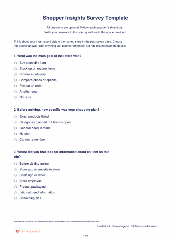 First page of the printable Shopper Insights Survey Template with questions and answer spaces