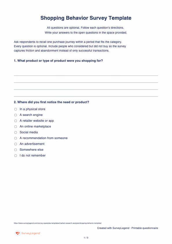 First page of the printable Shopping Behavior Survey Template with questions and answer spaces