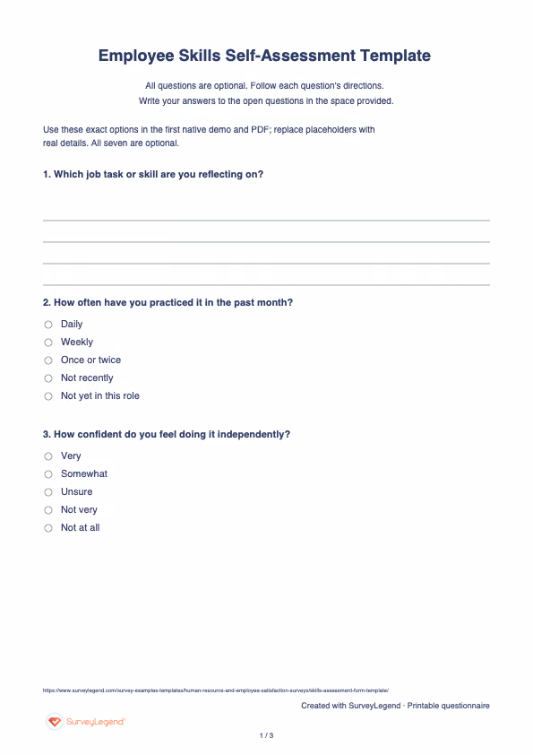First page of the printable Employee Skills Self-Assessment Template with questions and answer spaces