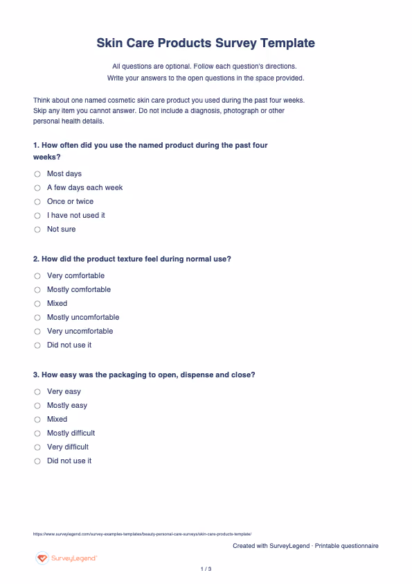 First page of the printable Skin Care Products Survey Template with questions and answer spaces
