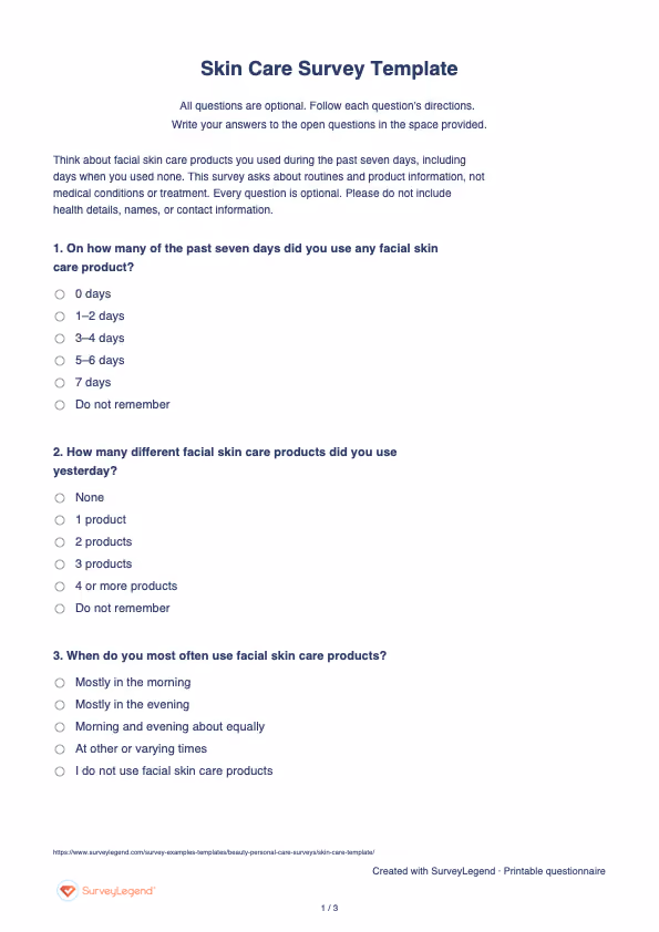 First page of the printable Skin Care Survey Template with questions and answer spaces