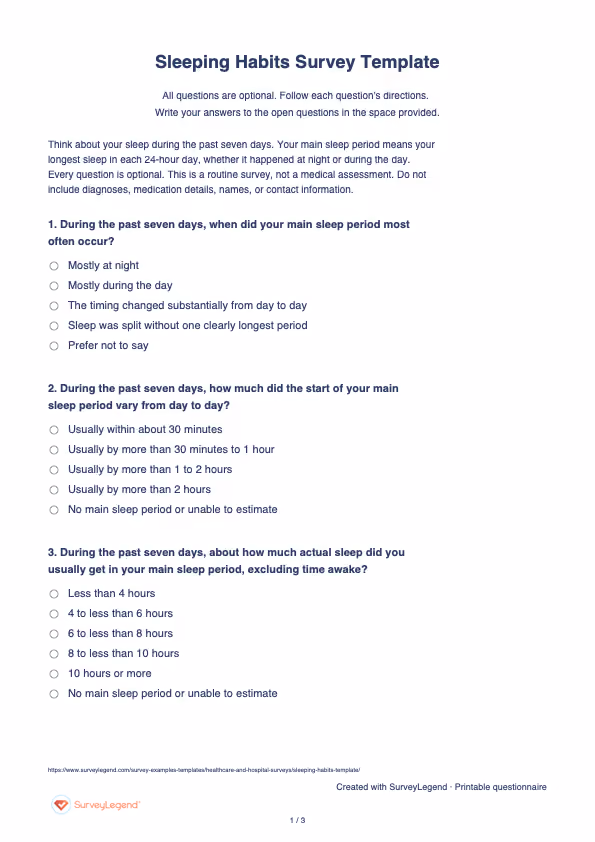 First page of the printable Sleeping Habits Survey Template with questions and answer spaces