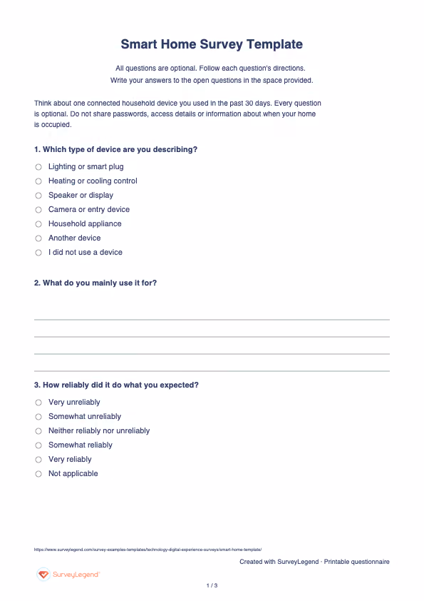 First page of the printable Smart Home Survey Template with questions and answer spaces