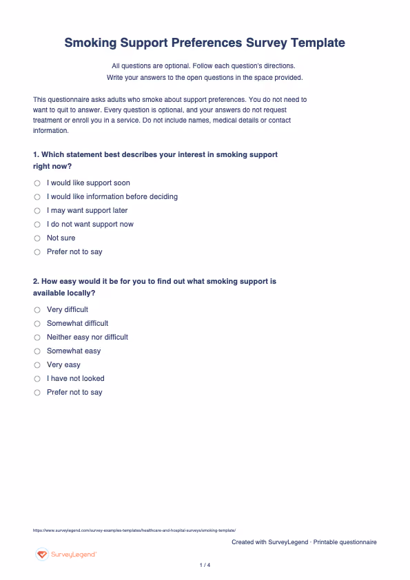 First page of the printable Smoking Support Preferences Survey Template with questions and answer spaces
