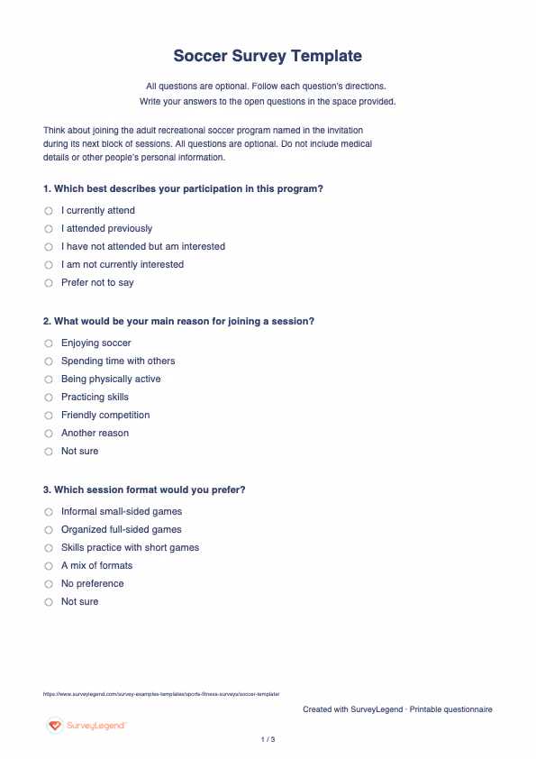 First page of the printable Soccer Survey Template with questions and answer spaces