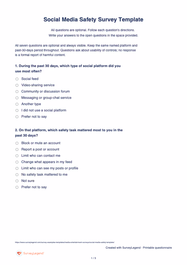 First page of the printable Social Media Safety Survey Template with questions and answer spaces