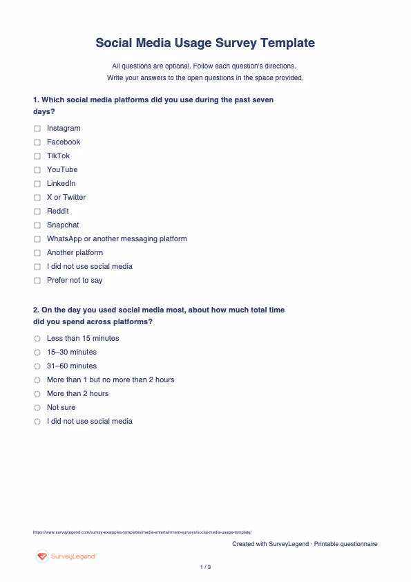 First page of the printable Social Media Usage Survey Template with questions and answer spaces