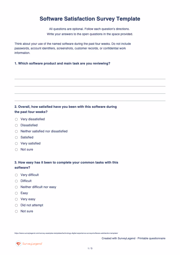 First page of the printable Software Satisfaction Survey Template with questions and answer spaces