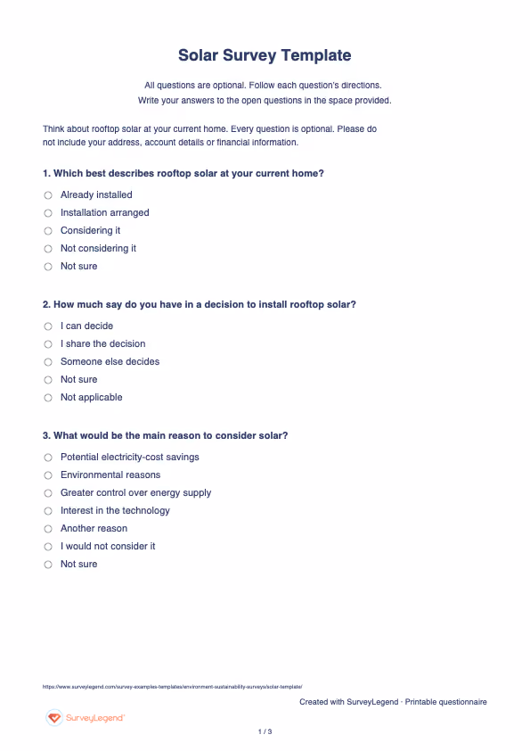 First page of the printable Solar Survey Template with questions and answer spaces