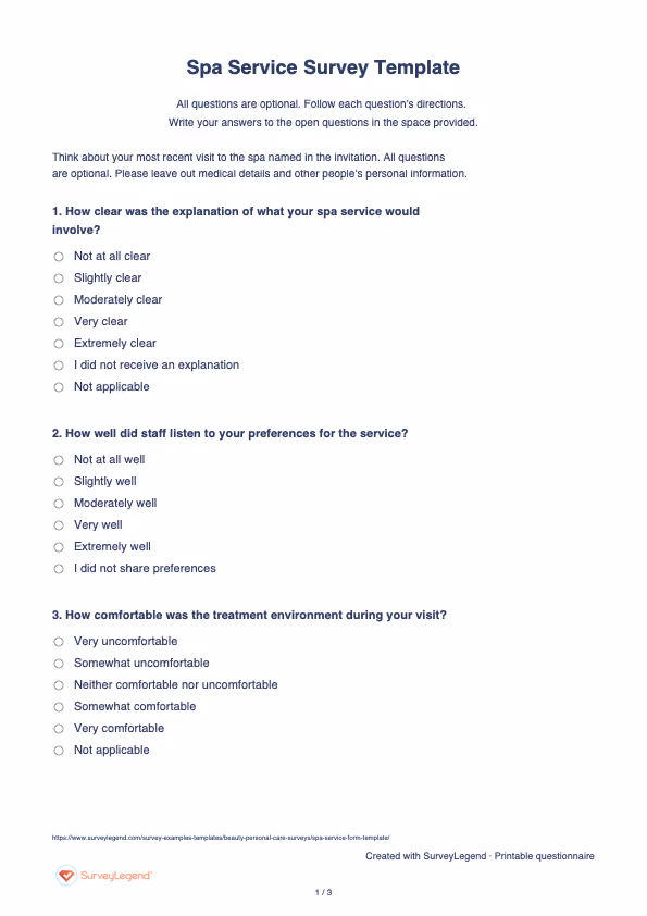 First page of the printable Spa Service Survey Template with questions and answer spaces