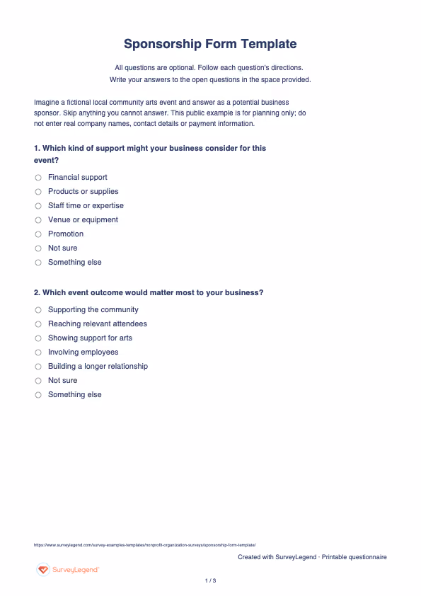 First page of the printable Sponsorship Form Template with questions and answer spaces
