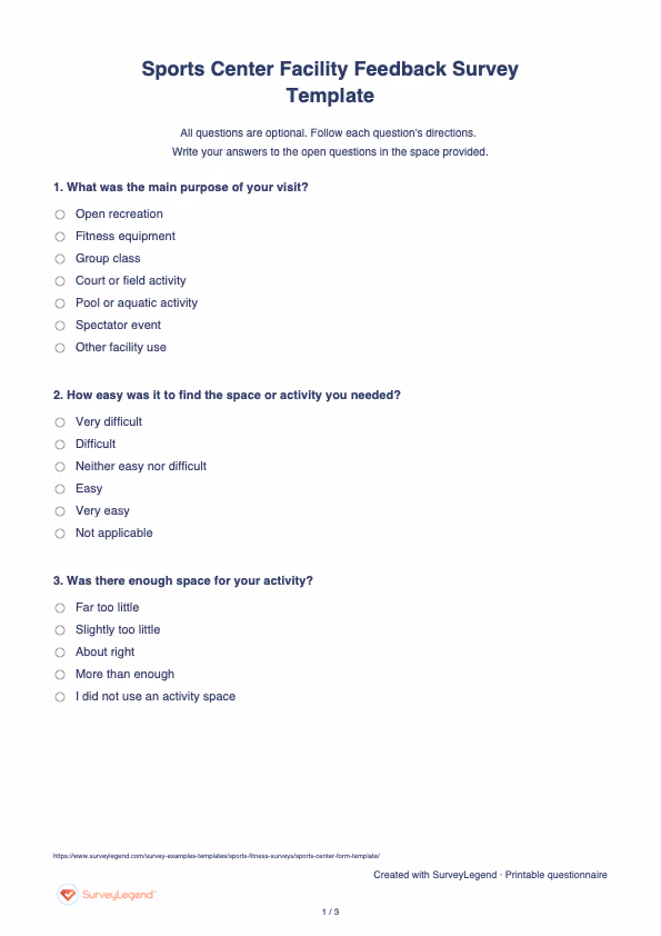 First page of the printable Sports Center Facility Feedback Survey Template with questions and answer spaces