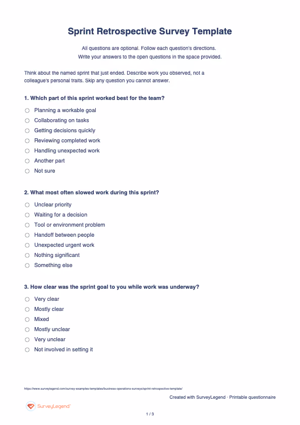 First page of the printable Sprint Retrospective Survey Template with questions and answer spaces