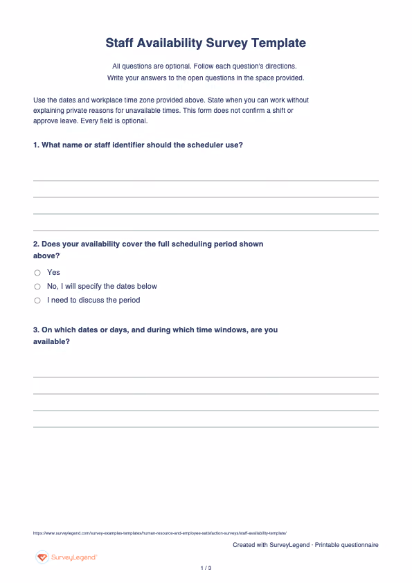 First page of the printable Staff Availability Survey Template with questions and answer spaces
