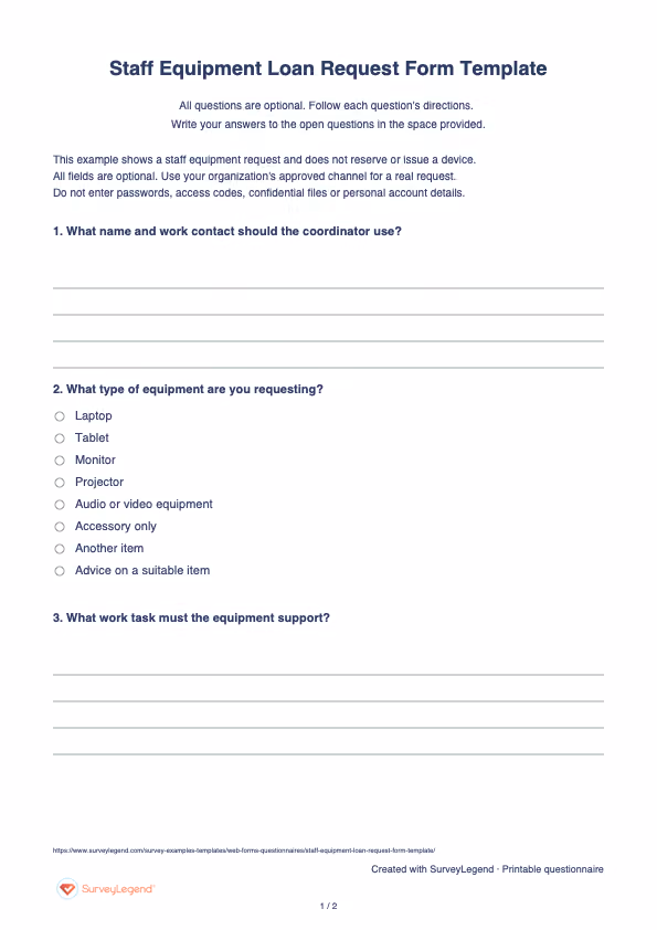 First page of the printable Staff Equipment Loan Request Form Template with questions and answer spaces