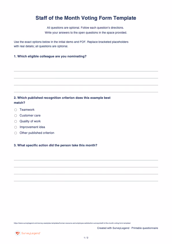 First page of the printable Staff of the Month Voting Form Template with questions and answer spaces