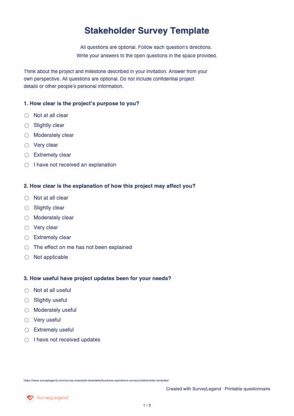 First page of the printable Stakeholder Survey Template with questions and answer spaces