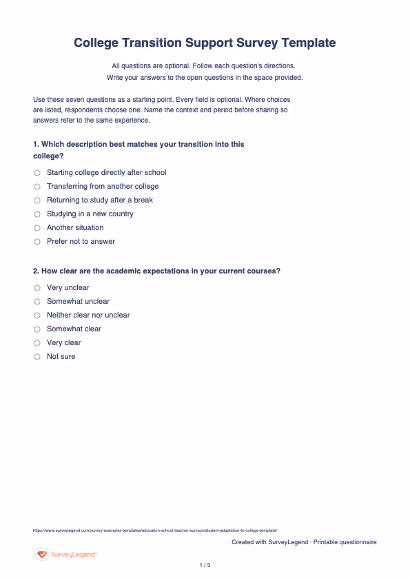 First page of the printable College Transition Support Survey Template with questions and answer spaces