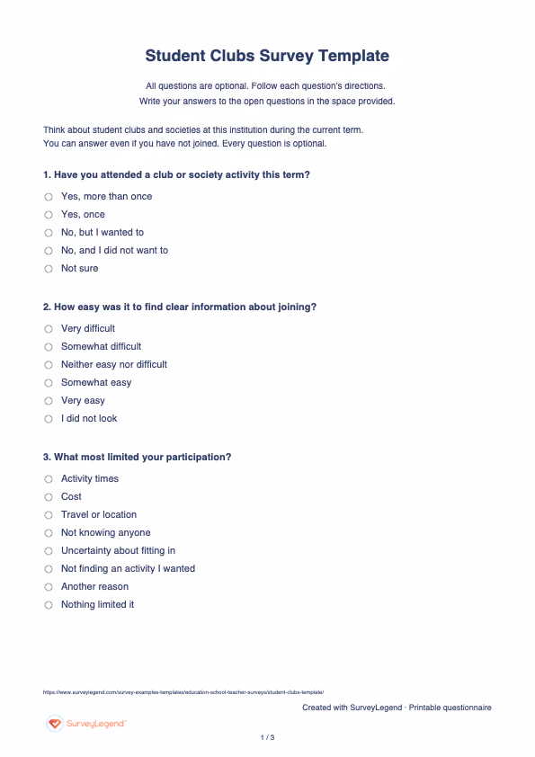 First page of the printable Student Clubs Survey Template with questions and answer spaces