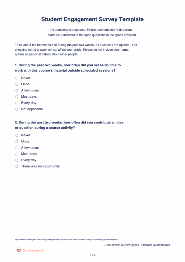 First page of the printable Student Engagement Survey Template with questions and answer spaces